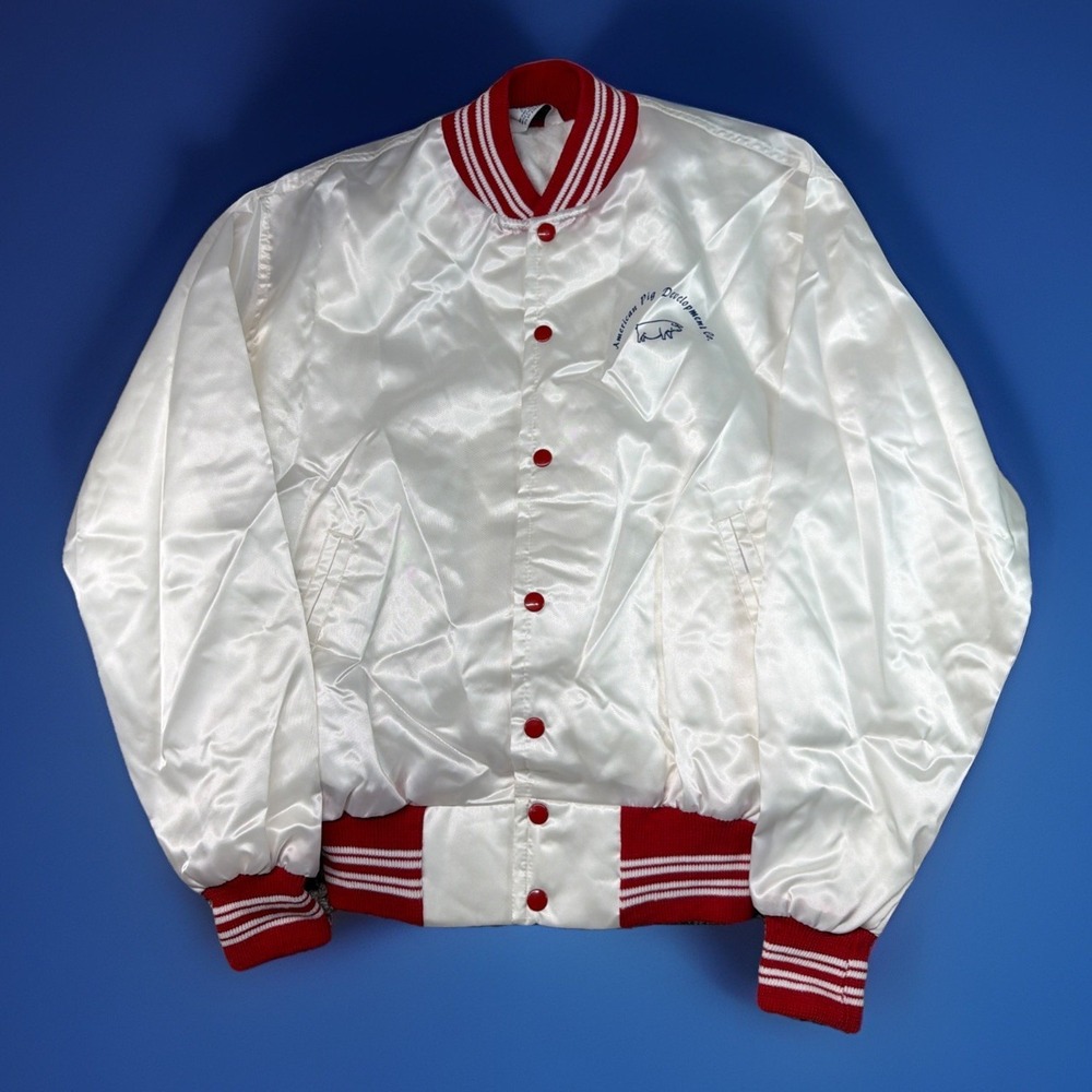 Vintage West Wind Mens Snap Button Bomber Varsity White Jacket Medium USA Satin